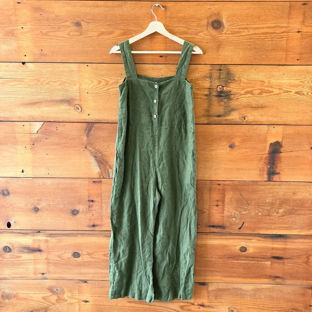 XS - LinenFox Dark Green Sleeveless Button Back Linen Jumpsuit 0312IG - Picture 3 of 4